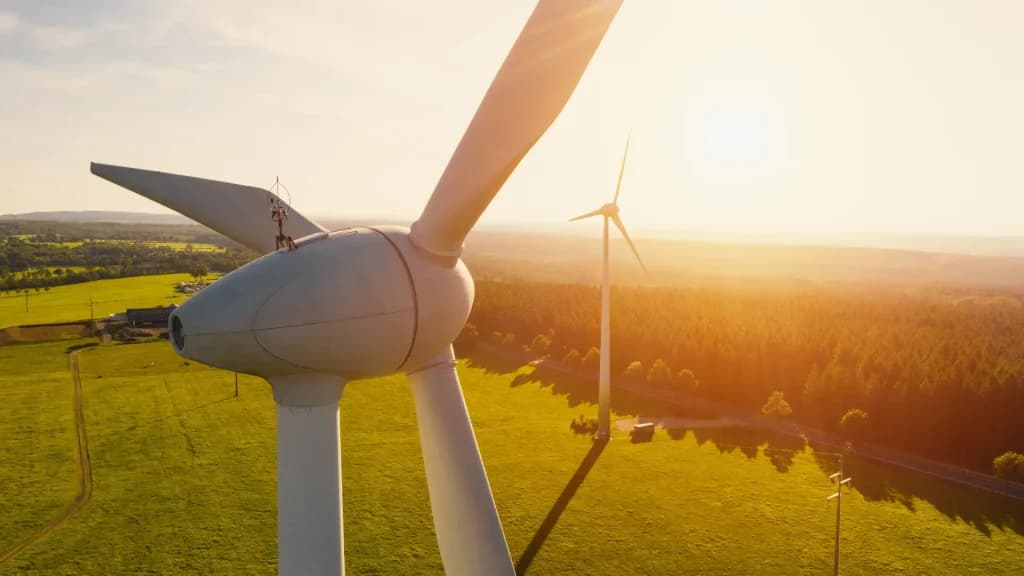 Aerogeneradores en un paisaje soleado que reflejan la transición energética y el uso de energía renovable para un futuro sostenible.
