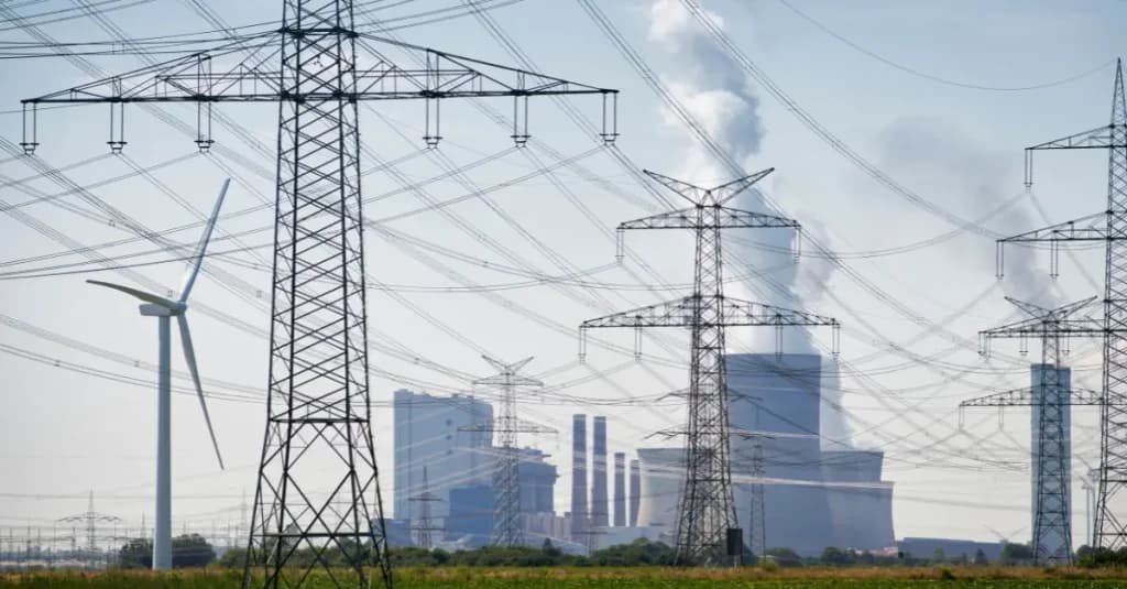 Torres eléctricas y aerogenerador en un entorno industrial, reflejando la importancia de la eficiencia energética en la producción y distribución de energía.