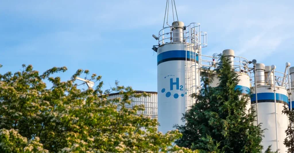 Depósitos industriales con el símbolo H₂ rodeados de árboles, vinculados a incentivos fiscales para proyectos de hidrógeno verde y sostenibilidad energética.