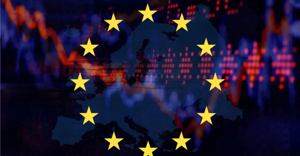 Mapa de Europa con estrellas de la bandera de la UE y gráficos financieros que simbolizan el presupuesto anual y la gestión económica europea.