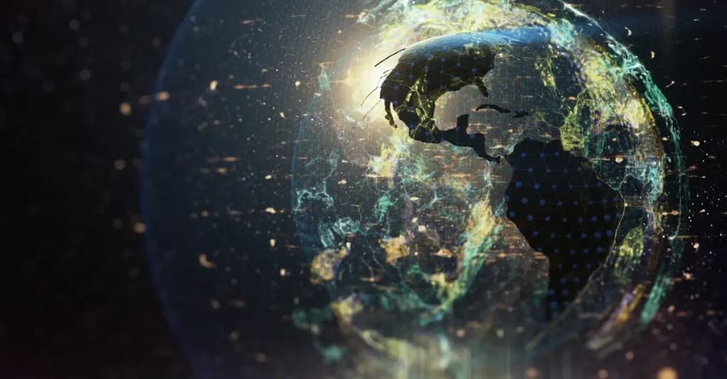 Planeta Tierra con efectos de luz y redes digitales que simbolizan la digitalización y el trabajo del personal investigador en innovación tecnológica.