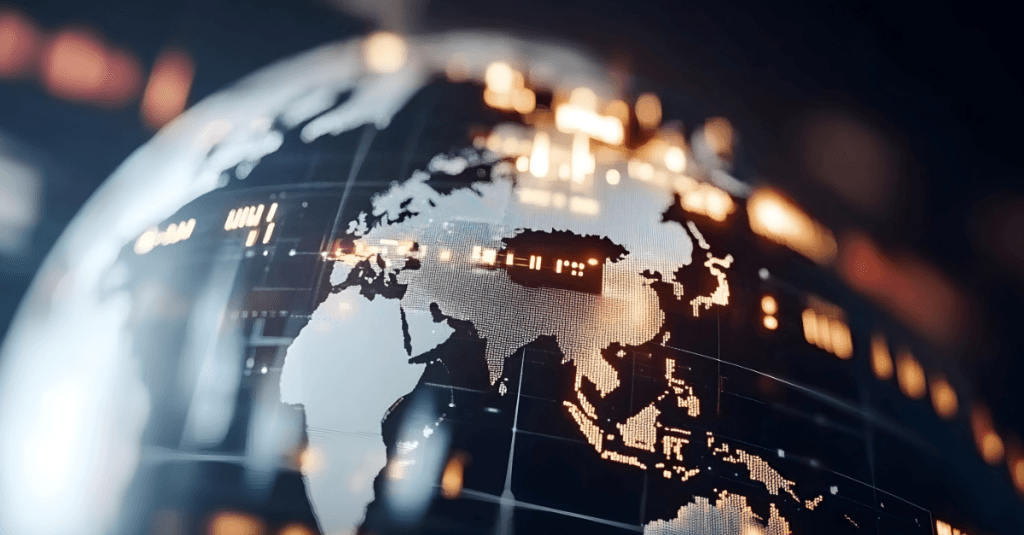 Bola del mundo con conexiones que representan la consultoría estratégica en un entorno geopolítico global.