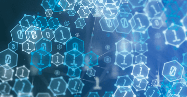 La imagen muestra una representación abstracta de tecnología digital y datos. Aparecen múltiples hexágonos interconectados con números binarios (0 y 1) en tonos azules y blancos, evocando conceptos como redes, inteligencia artificial, blockchain, programación o transformación digital.
