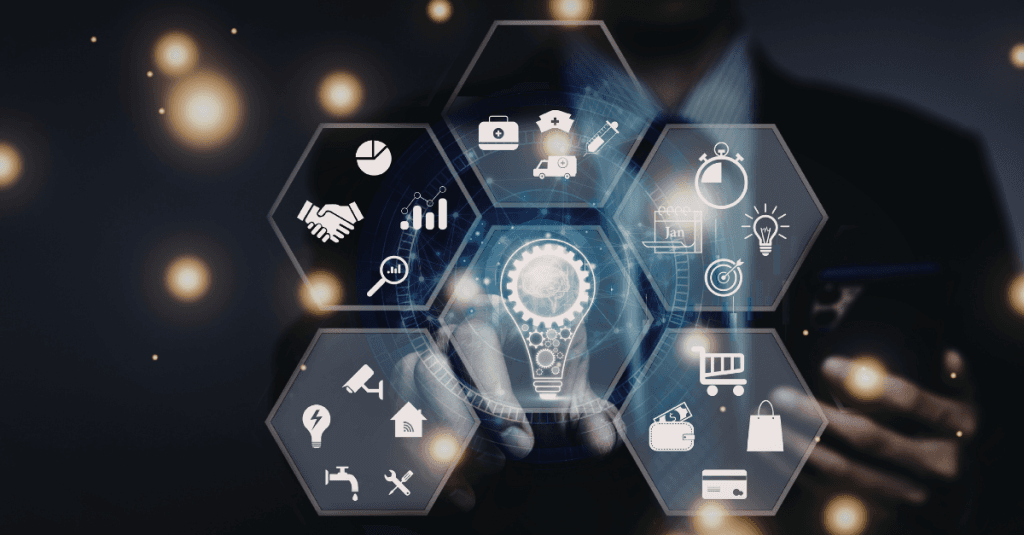 La imagen transmite el concepto de ecosistema digital e innovación empresarial, donde distintas áreas (tecnología, salud, negocio, servicios) están conectadas alrededor de una idea central.