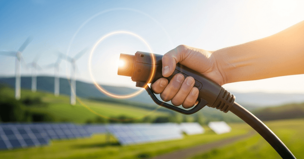Conector de carga para vehículo eléctrico en un entorno de energías renovables con paneles solares y aerogeneradores, simbolizando energía limpia y Movilidad Sostenible