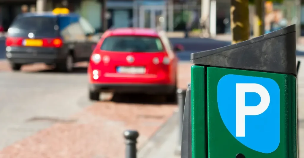 Parquímetro en una calle urbana con vehículos estacionados, vinculado a la Tasa de Vados y Concesiones.