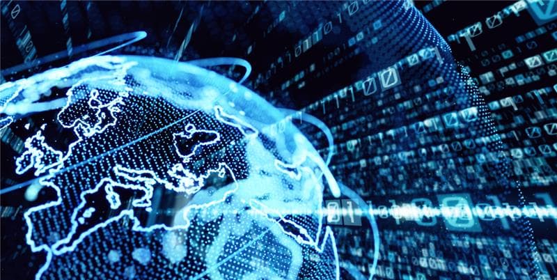 Ilustración digital del planeta con flujos de datos y gráficos tecnológicos que simbolizan la soberanía digital.